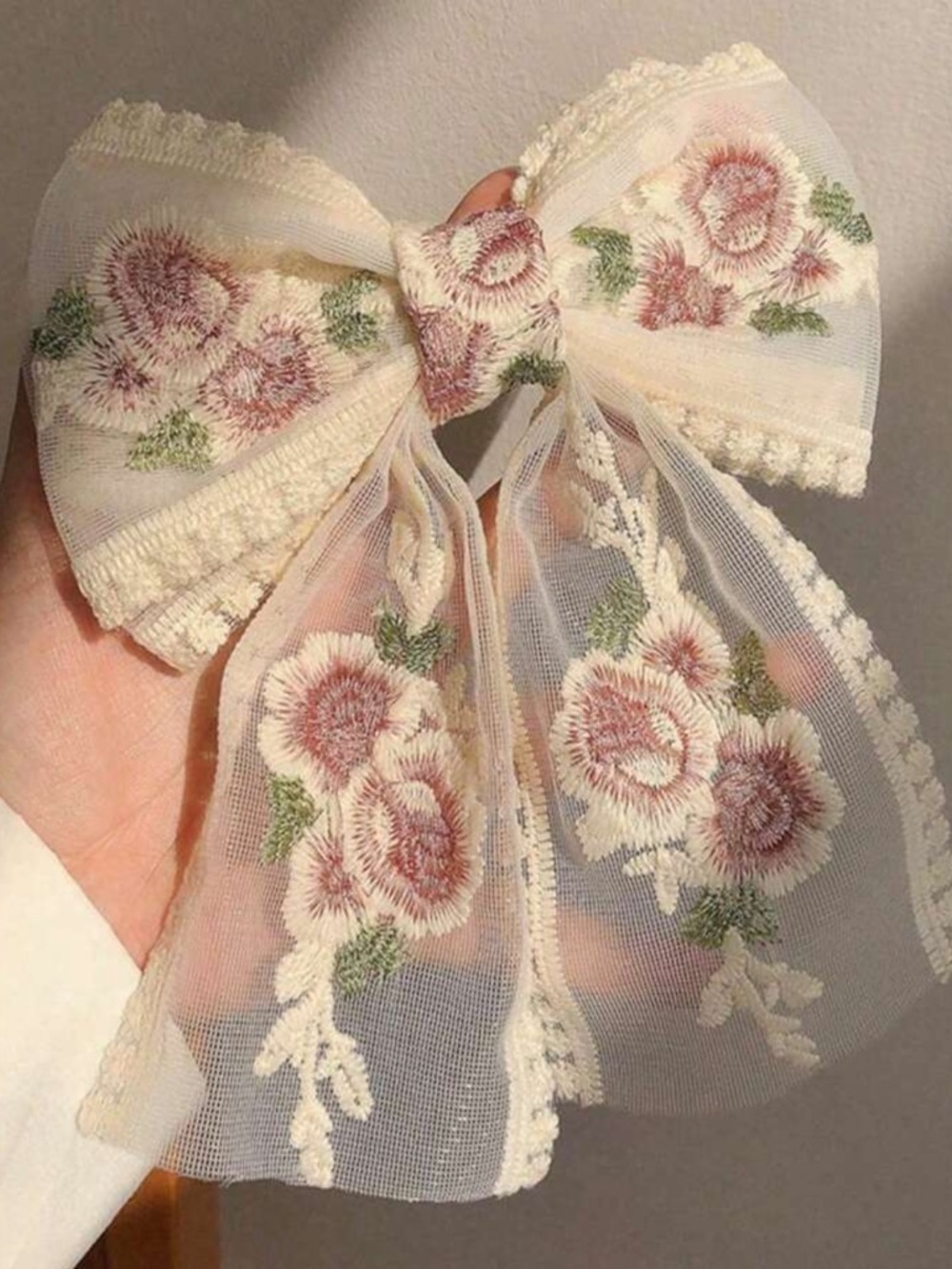 Multicolor Embroidered Rose Ribbon Bow - Picture 3 of 3